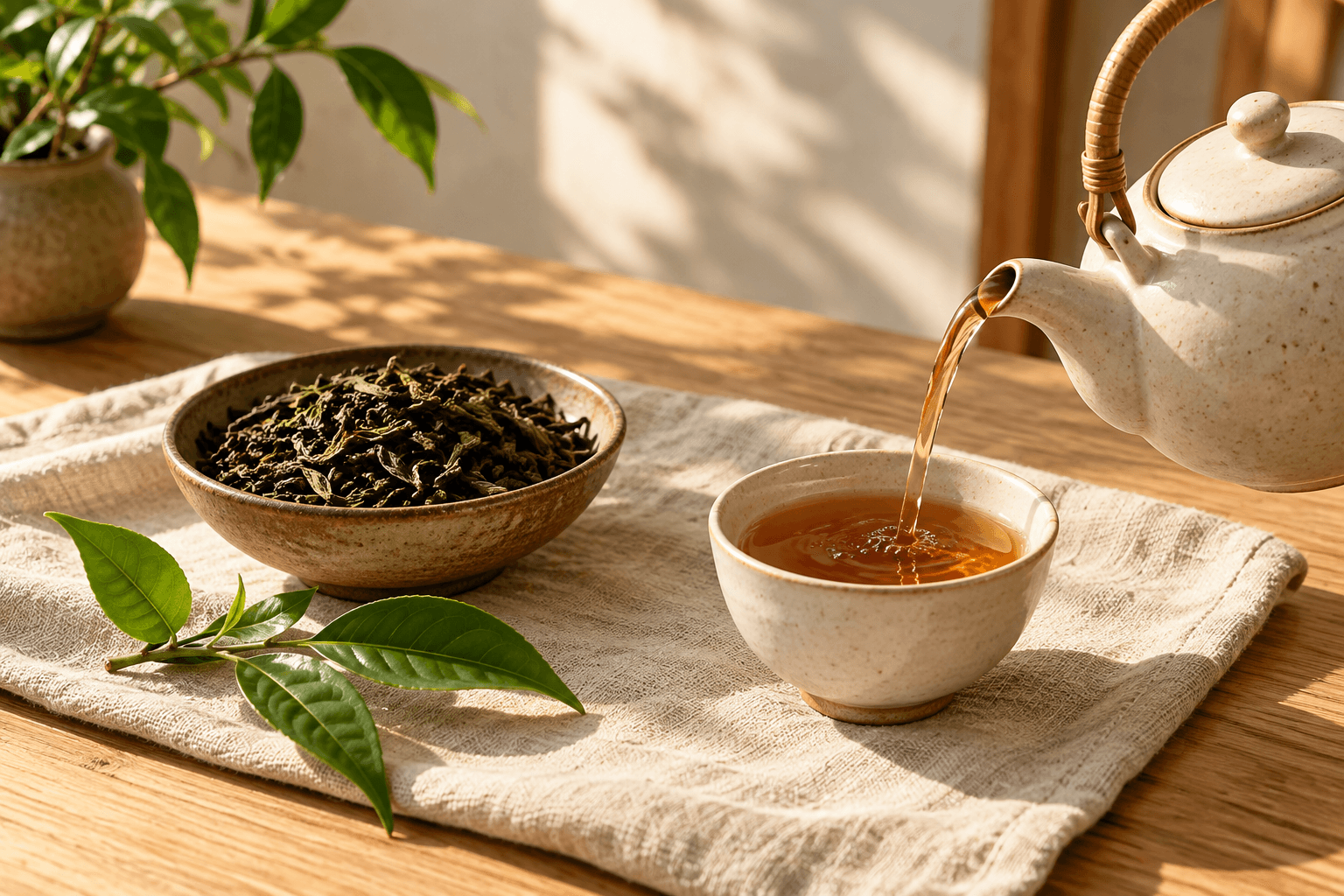 Ấm trà, lá trà và chất liệu mộc trong hình minh họa thương hiệu